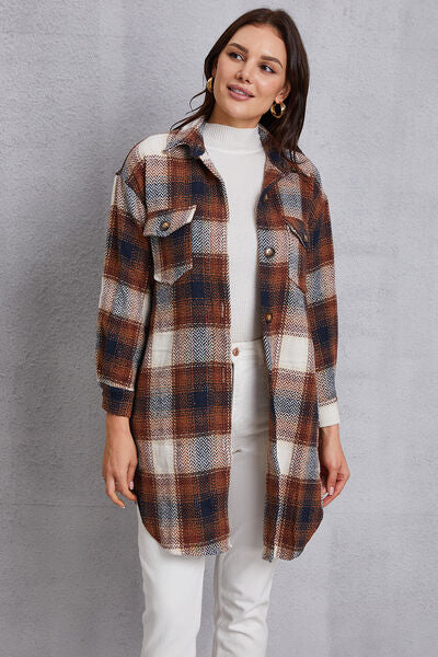 Plaid Button Up Dropped Shoulder Coat with Pockets-TOPS / DRESSES-[Adult]-[Female]-2022 Online Blue Zone Planet