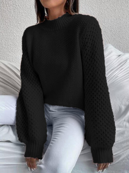 Openwork Mock Neck Long Sleeve Sweater BLUE ZONE PLANET