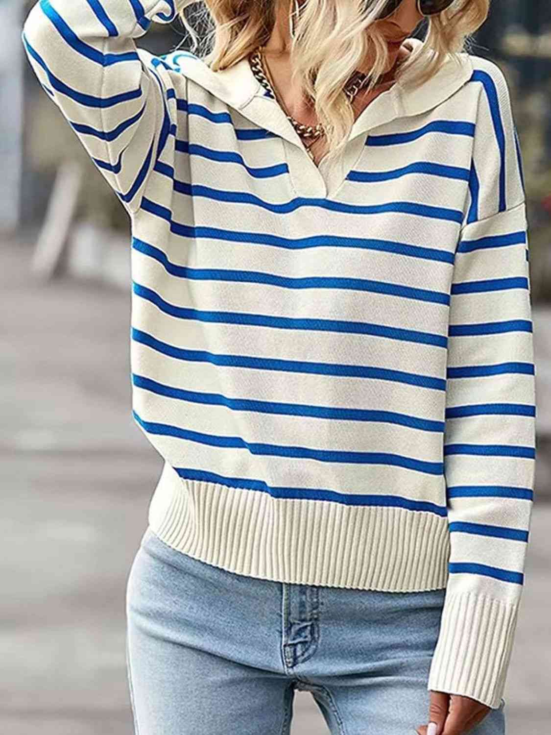 Striped Collared Neck Knit Top BLUE ZONE PLANET