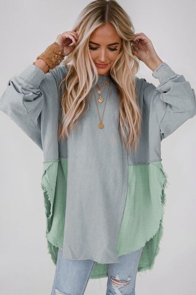 Contrast Texture Round Neck Long Sleeve Blouse BLUE ZONE PLANET