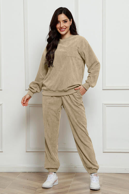 Round Neck Sweatshirt and Sweatpants Set BLUE ZONE PLANET