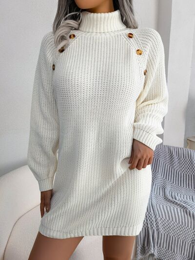 Decorative Button Turtleneck Sweater Dress-TOPS / DRESSES-[Adult]-[Female]-White-S-2022 Online Blue Zone Planet