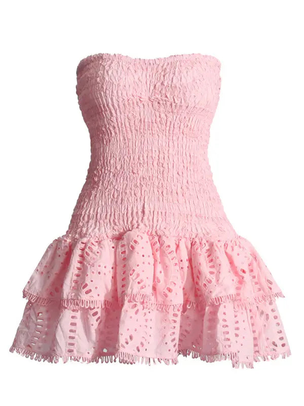 hot girl embroidered tube top dress with hollow ruffles and stitching design A-line skirt BLUE ZONE PLANET