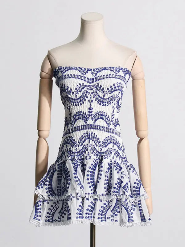 hot girl embroidered tube top dress with hollow ruffles and stitching design A-line skirt BLUE ZONE PLANET
