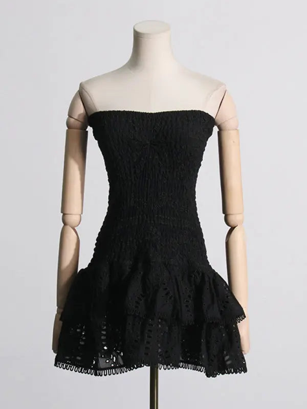 hot girl embroidered tube top dress with hollow ruffles and stitching design A-line skirt BLUE ZONE PLANET
