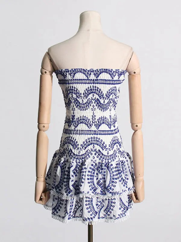 hot girl embroidered tube top dress with hollow ruffles and stitching design A-line skirt BLUE ZONE PLANET