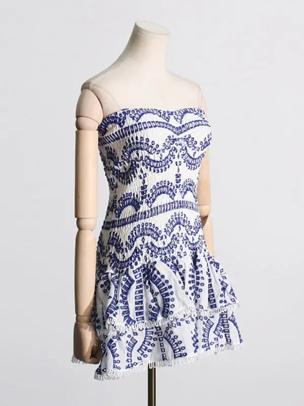 hot girl embroidered tube top dress with hollow ruffles and stitching design A-line skirt BLUE ZONE PLANET