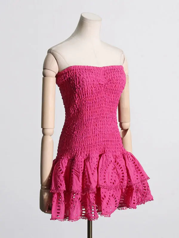 hot girl embroidered tube top dress with hollow ruffles and stitching design A-line skirt BLUE ZONE PLANET