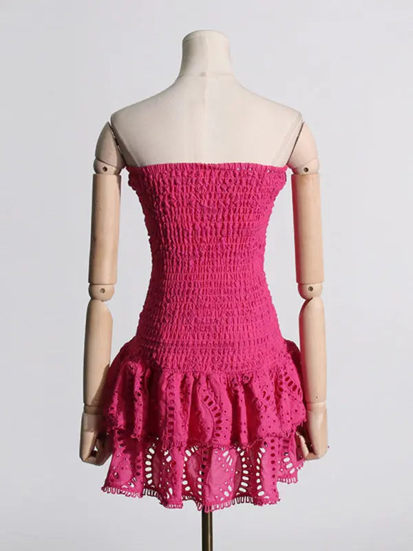 hot girl embroidered tube top dress with hollow ruffles and stitching design A-line skirt BLUE ZONE PLANET