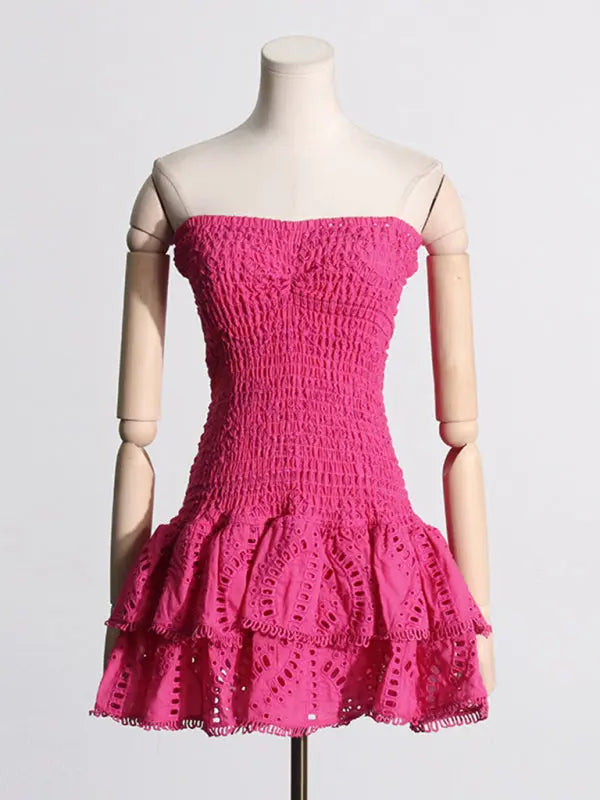 hot girl embroidered tube top dress with hollow ruffles and stitching design A-line skirt BLUE ZONE PLANET