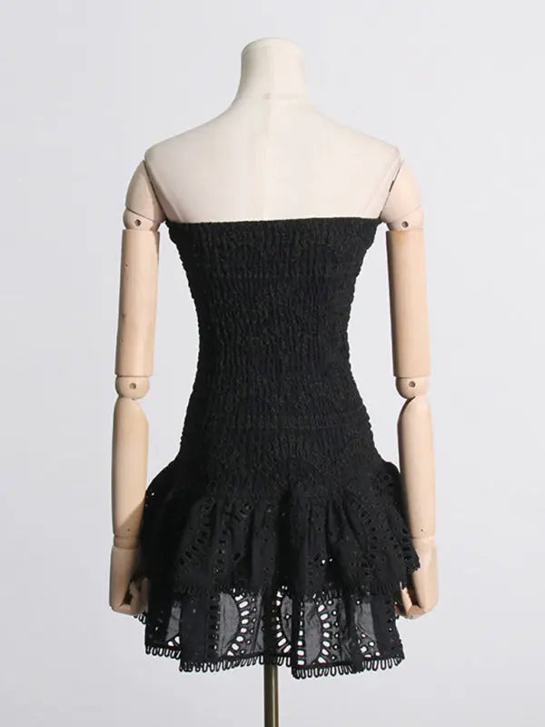 hot girl embroidered tube top dress with hollow ruffles and stitching design A-line skirt BLUE ZONE PLANET