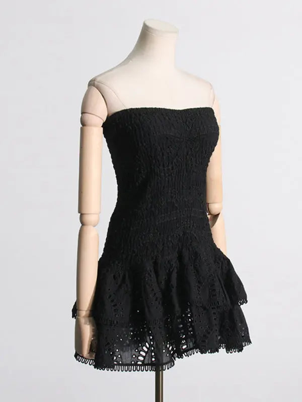 hot girl embroidered tube top dress with hollow ruffles and stitching design A-line skirt BLUE ZONE PLANET