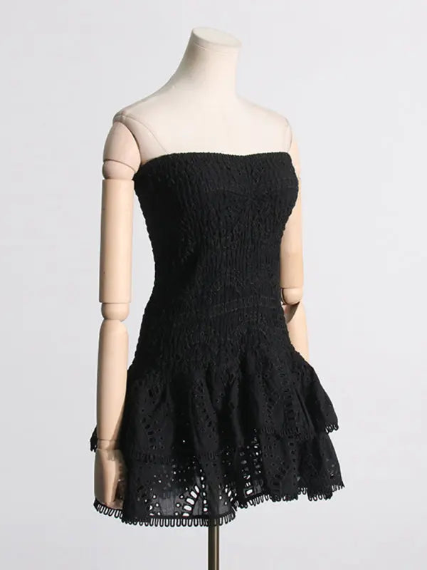 hot girl embroidered tube top dress with hollow ruffles and stitching design A-line skirt BLUE ZONE PLANET