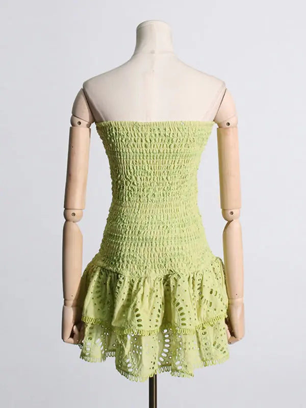 hot girl embroidered tube top dress with hollow ruffles and stitching design A-line skirt BLUE ZONE PLANET