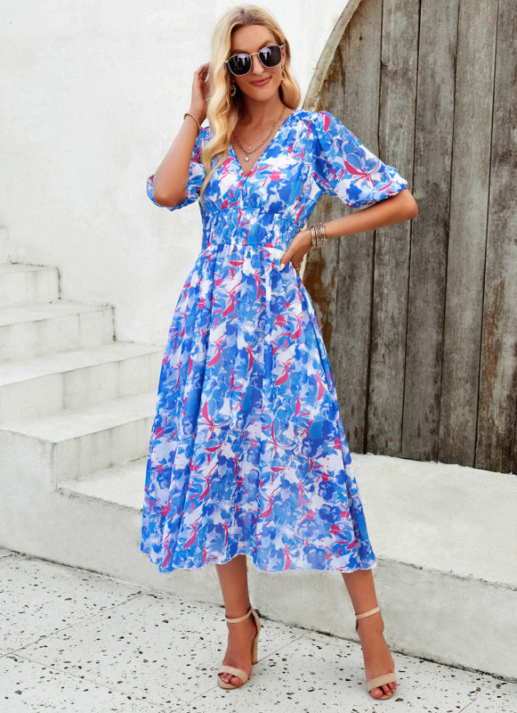 Elegant printed waist V-neck long dress kakaclo