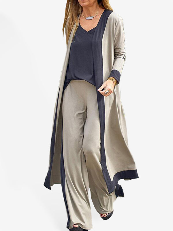 Contrasting Color Sleeveless Vest + Long Sleeve Cardigan Jacket + Trousers Three Sets kakaclo