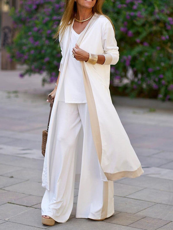 Contrasting Color Sleeveless Vest + Long Sleeve Cardigan Jacket + Trousers Three Sets kakaclo
