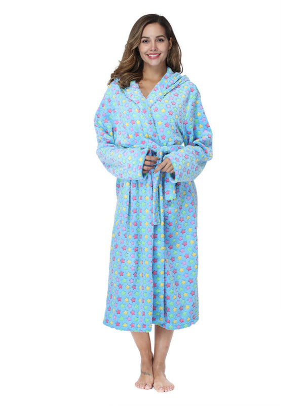 Women's printed lapel casual flannel robe bathrobe-[Adult]-[Female]-Pattern3-S-2022 Online Blue Zone Planet