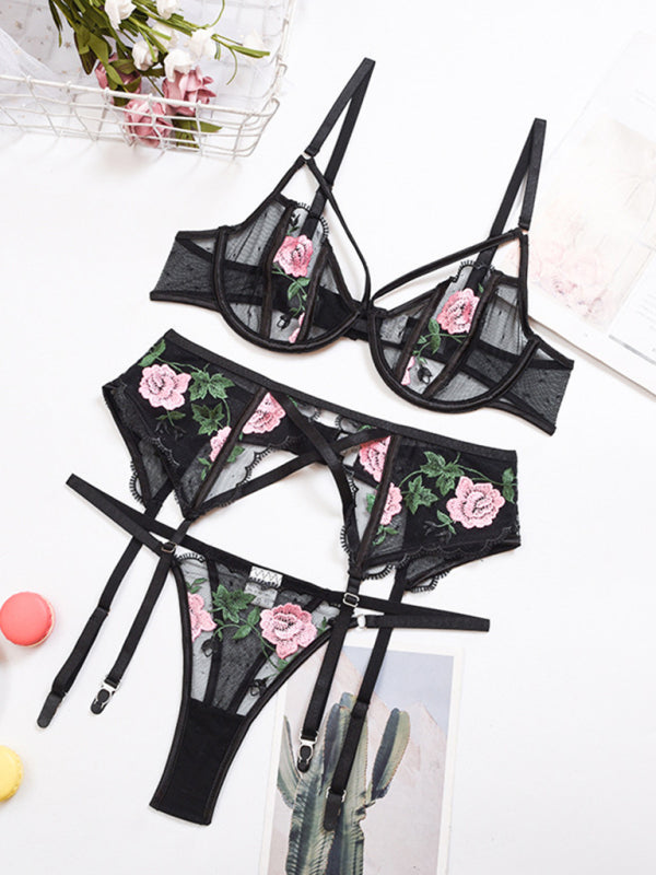 Blue Zone Planet |  Women's Classic Embroidered Lace Mesh Sexy Lingerie Three-piece Set kakaclo