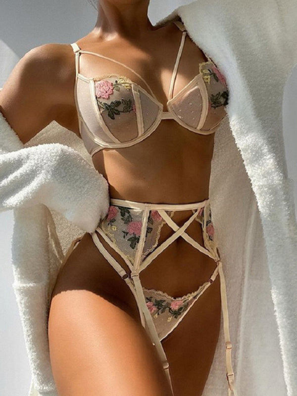 Blue Zone Planet |  Women's Classic Embroidered Lace Mesh Sexy Lingerie Three-piece Set kakaclo