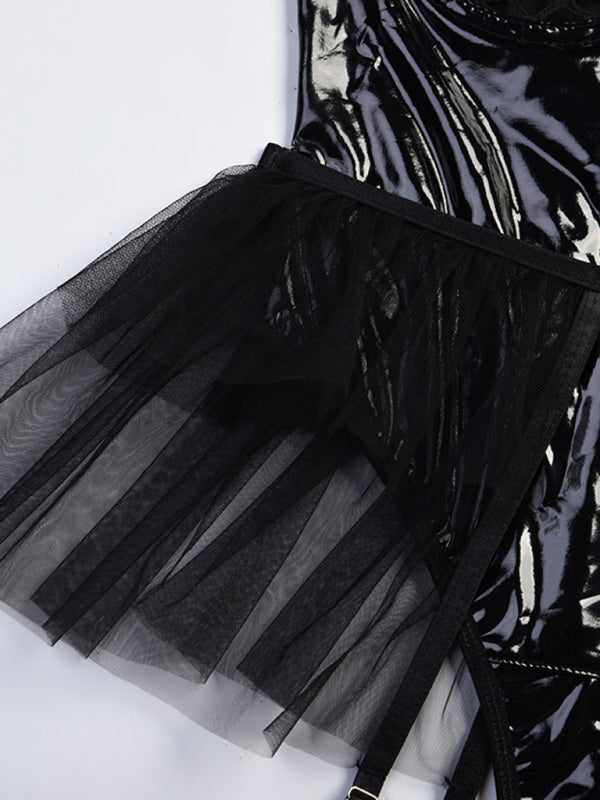 Sexy lingerie-grid splicing pu leather halter neck bodysuit kakaclo