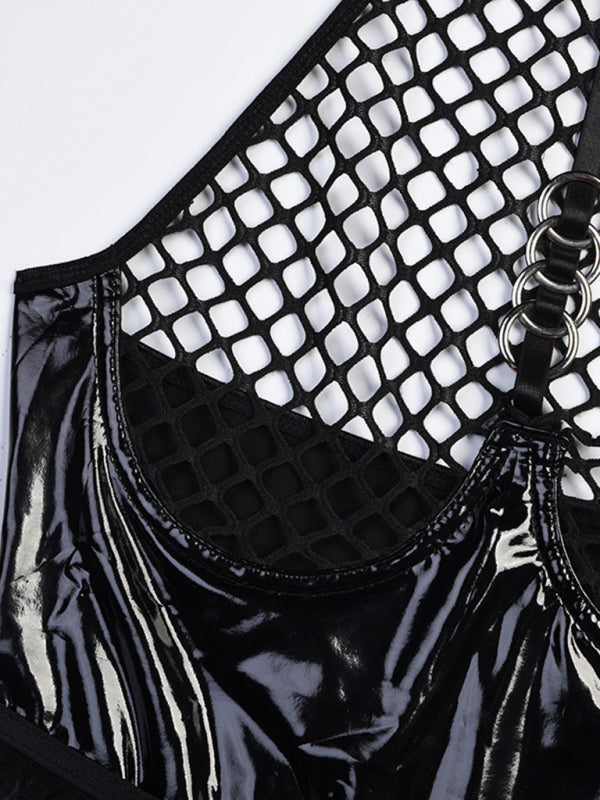 Sexy lingerie-grid splicing pu leather halter neck bodysuit kakaclo