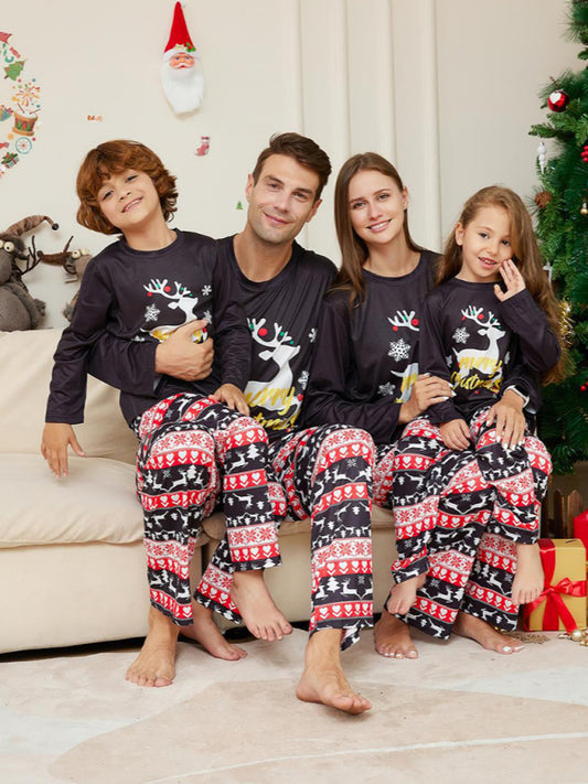 New Christmas Cartoon Elk Letter Round Neck Parent-Child Home Clothes Set Pajamas-TOPS / DRESSES-[Adult]-[Female]-Black-S-2022 Online Blue Zone Planet