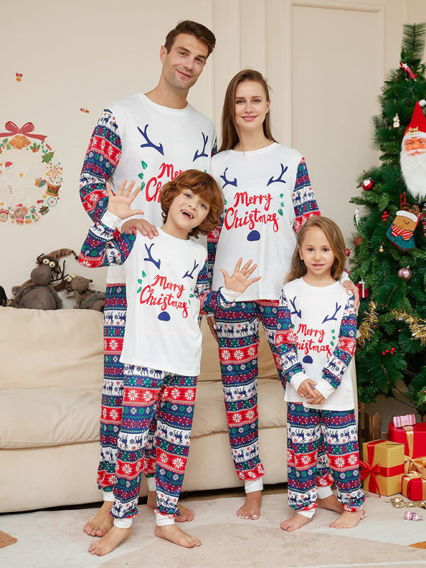 New Christmas Cartoon Letters Home Clothes Deer Antler Print Parent-Child Pajamas Set-TOPS / DRESSES-[Adult]-[Female]-White-S-2022 Online Blue Zone Planet