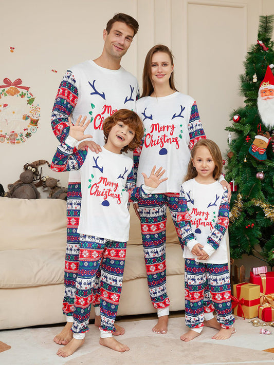 New Christmas Cartoon Letters Home Clothes Deer Antler Print Parent-Child Pajamas Set-TOPS / DRESSES-[Adult]-[Female]-White-S-2022 Online Blue Zone Planet