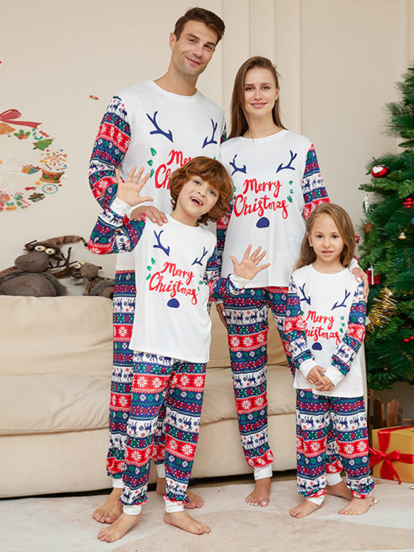 New Christmas Cartoon Letters Home Clothes Deer Antler Print Parent-Child Pajamas Set-TOPS / DRESSES-[Adult]-[Female]-2022 Online Blue Zone Planet