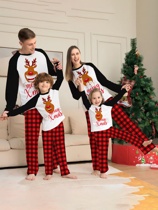 New style fawn letter plaid printed home wear pajamas Christmas parent-child set BLUE ZONE PLANET