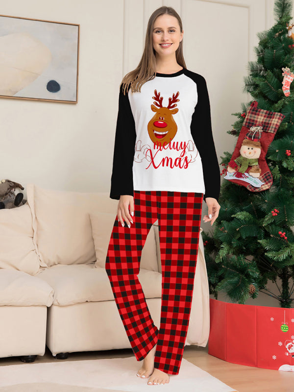 New style fawn letter plaid printed home wear pajamas Christmas parent-child set BLUE ZONE PLANET