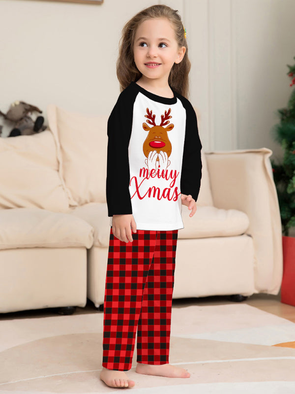 New style fawn letter plaid printed home wear pajamas Christmas parent-child set BLUE ZONE PLANET