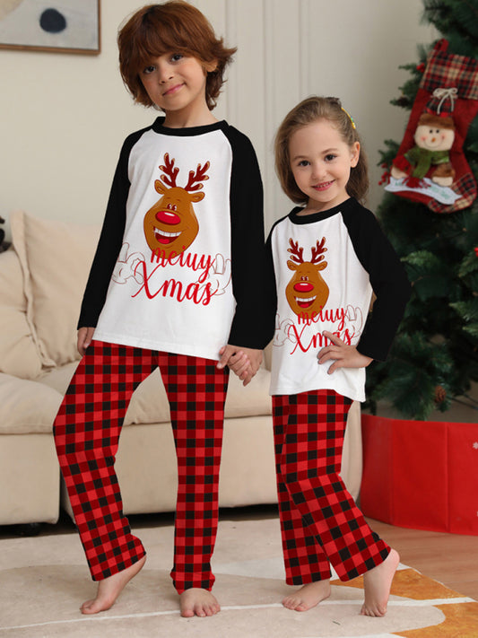 New style fawn letter plaid printed home wear pajamas Christmas parent-child set BLUE ZONE PLANET