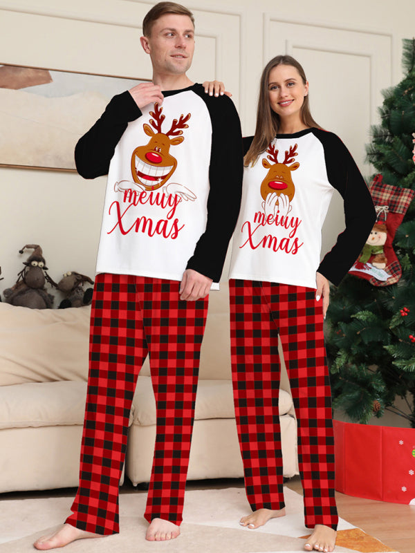 New style fawn letter plaid printed home wear pajamas Christmas parent-child set BLUE ZONE PLANET
