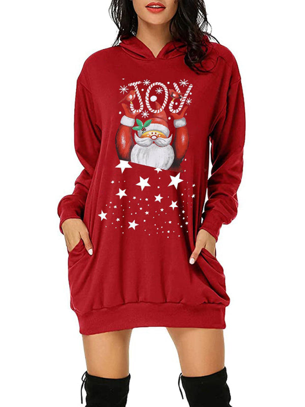 Blue Zone Planet |  Women's Christmas Print Mid Length Hooded Sweater Dress kakaclo