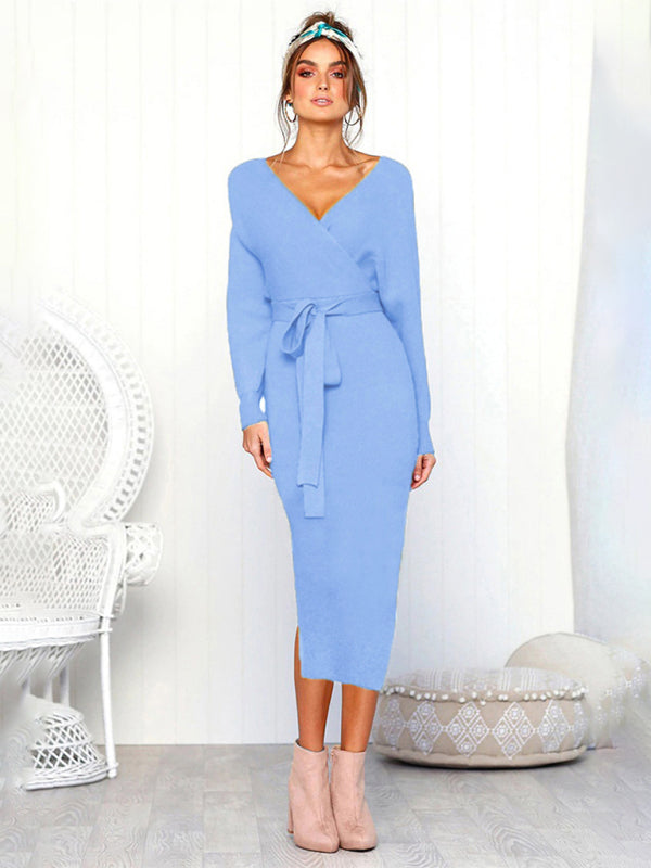 Blue Zone Planet |  V-Neck Lace-Up Long-Sleeved Dress BLUE ZONE PLANET