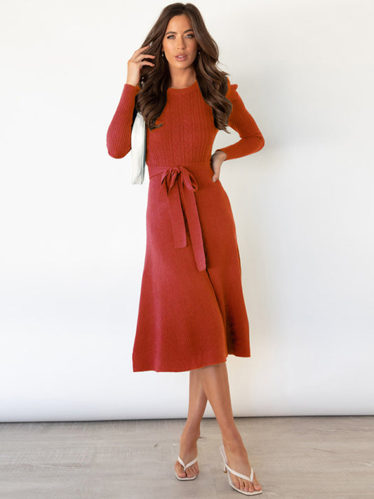 Long Sleeve Cable Knit Sweater Dresses BLUE ZONE PLANET