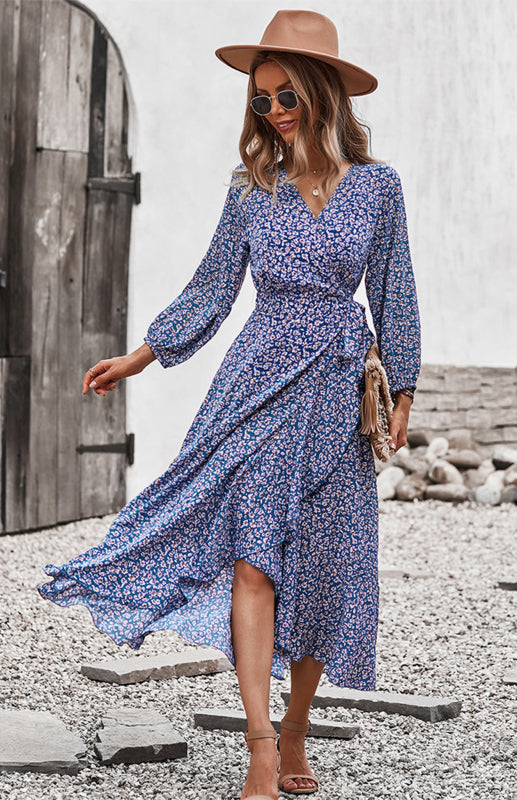 Floral Wrapped Chest Lace Up Dress Holiday Style Dress BLUE ZONE PLANET