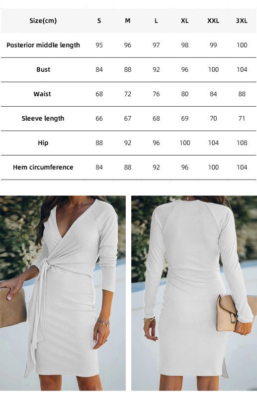 Blue Zone Planet |  Ladies Fashion V-Neck Ribbed Belt Dress kakaclo