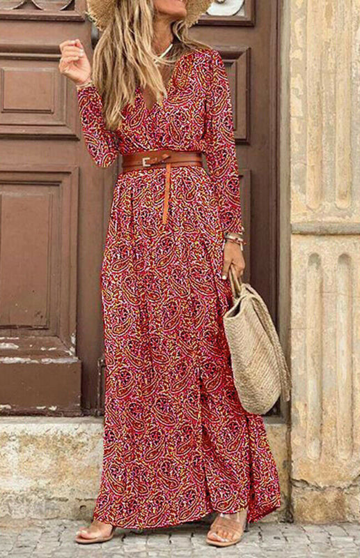 V-neck long-sleeved printed long dress (with belt) kakaclo