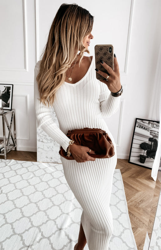 Blue Zone Planet | Autumn Winter Solid Color Long Sleeve Maxi Dress-TOPS / DRESSES-[Adult]-[Female]-Raw white off white-S-2022 Online Blue Zone Planet