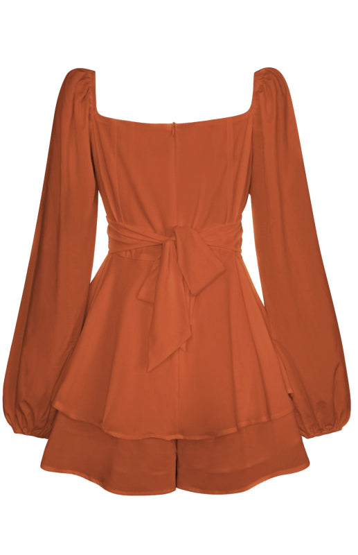 Square Neck Lantern Long Sleeve One Piece Ruffle Shorts Culottes kakaclo