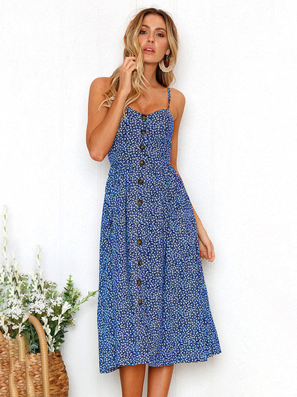 Printed Halter, Button And Backless Dress kakaclo