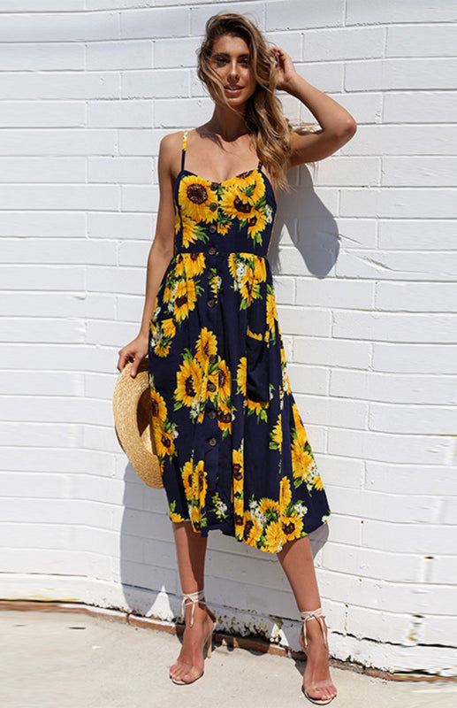 Printed Halter, Button And Backless Dress kakaclo