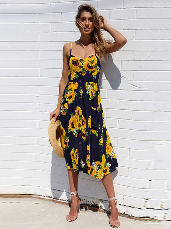 Printed Halter, Button And Backless Dress kakaclo