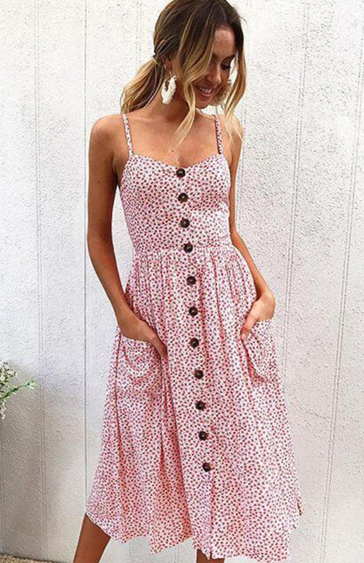Printed Halter, Button And Backless Dress kakaclo
