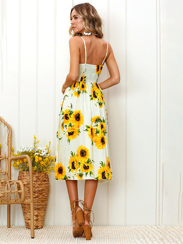 Printed Halter, Button And Backless Dress kakaclo