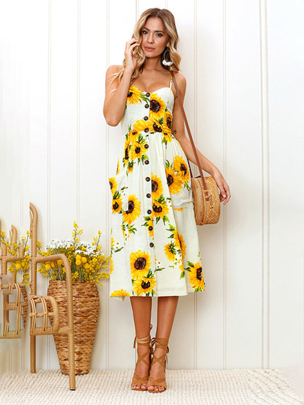 Printed Halter, Button And Backless Dress kakaclo