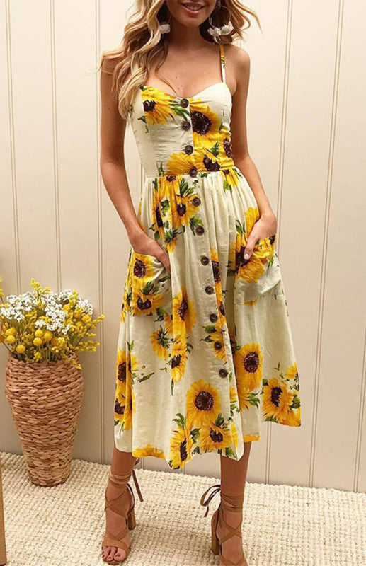 Printed Halter, Button And Backless Dress kakaclo